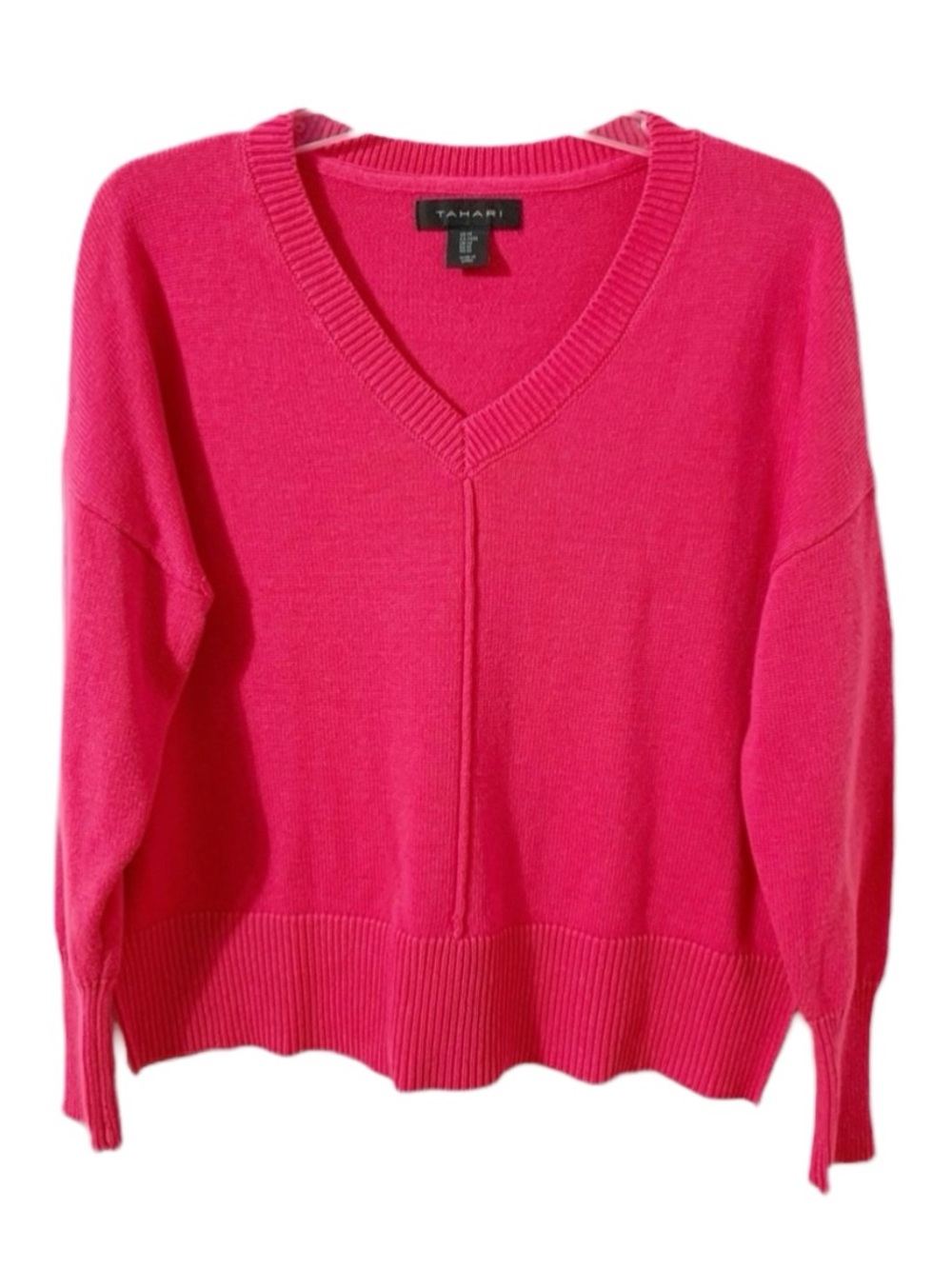 Tahari Cotton Blend Pullover Long Sleeve V-neck Barbiecore Sweater Side Slits 🩷